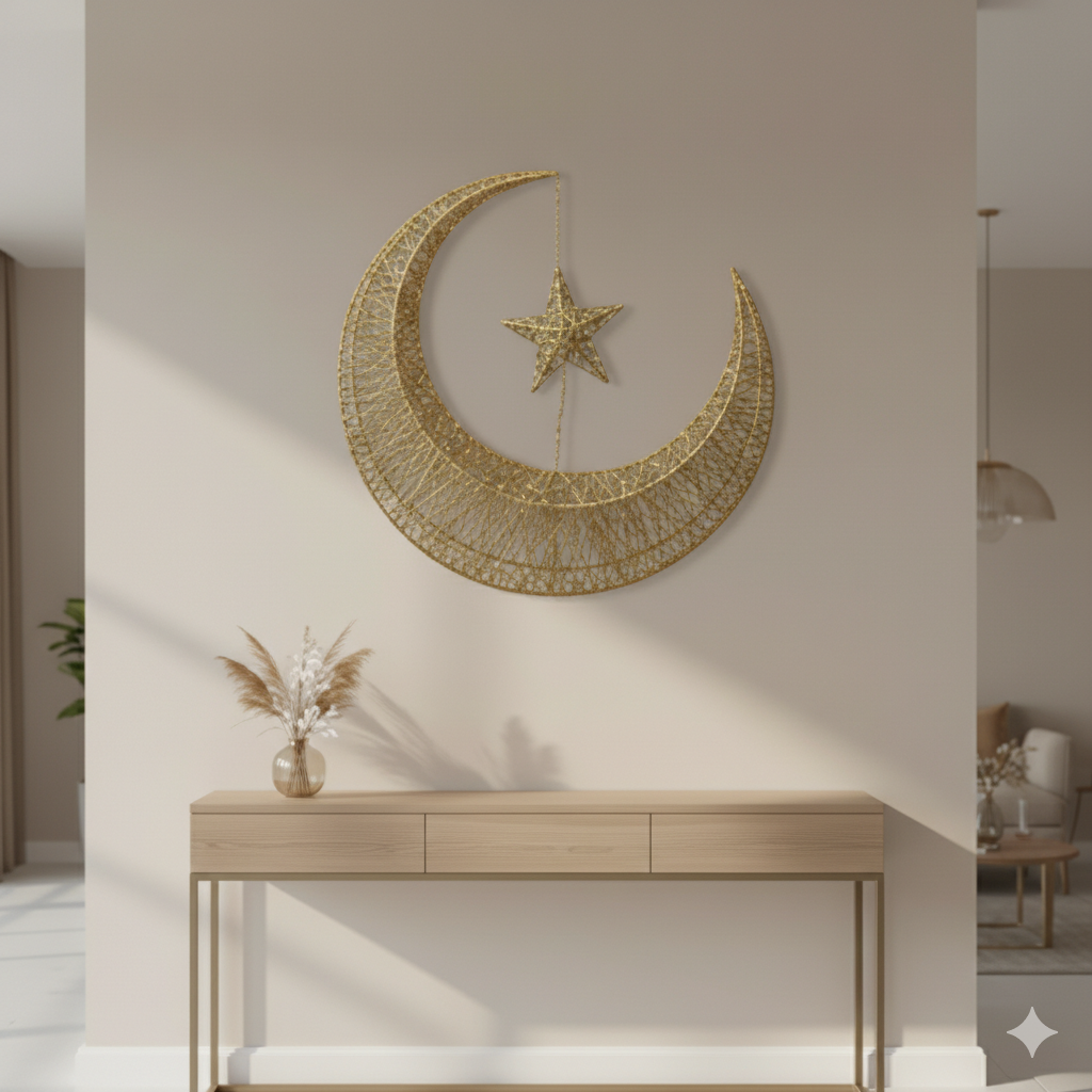 Gold Crescent Moon & Star Decorative Hanging Ornament